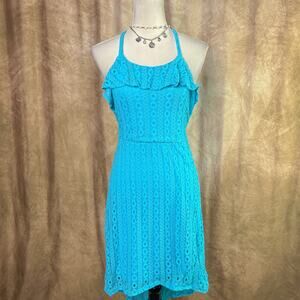 Y2K High Low Dress Midi Crochet Mesh Teal Blue Racerback Sleeveless Summer Beach